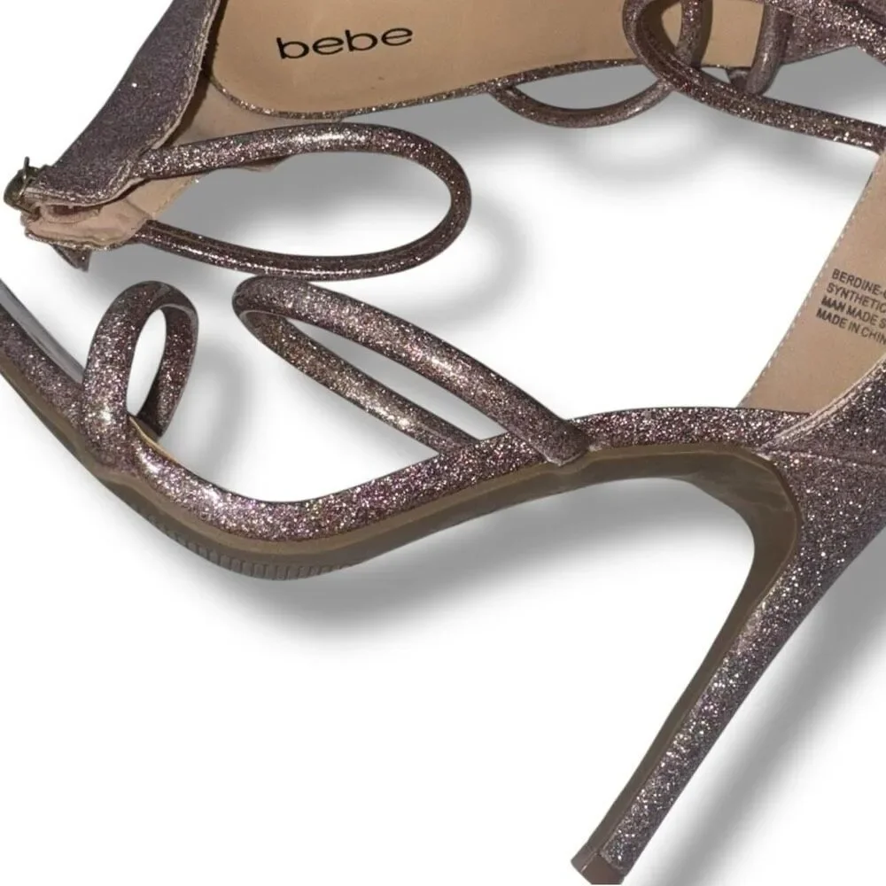 Bebe Berdine Ankle-Strap Stiletto Heel Sandals Pink Blush Metallic Glitter Size